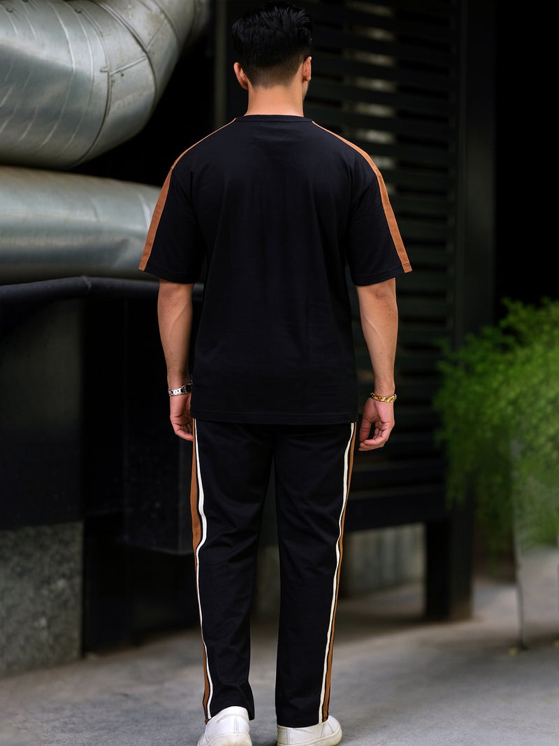 Maniac Mens Colorblock Side Tape Round Neck Half Sleeve Black and Brown Cotton Co-Ords - Image 4